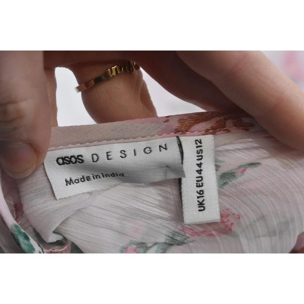 ASOS DESIGN Dress Womens 12 Pink Floral V Neck Long Sleeve Ruffle Skater Mini - Picture 7 of 11